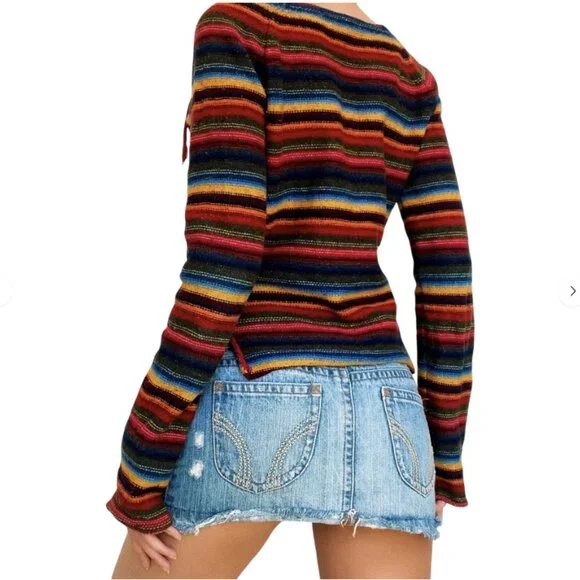 Vintage Abercrombie Stripe Tie Neck Sweater Flare Sleeve Cotton Wool Y2K Size L - Picture 13 of 14